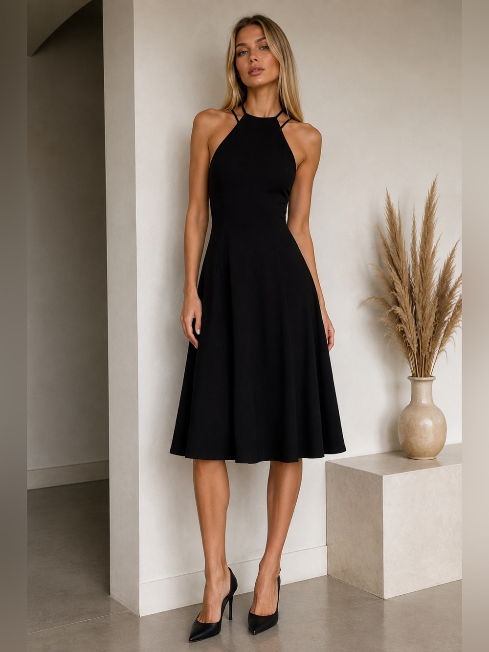 Black Halter Neck Stretch Midi Maxi Dress Elegant Flowy Fit